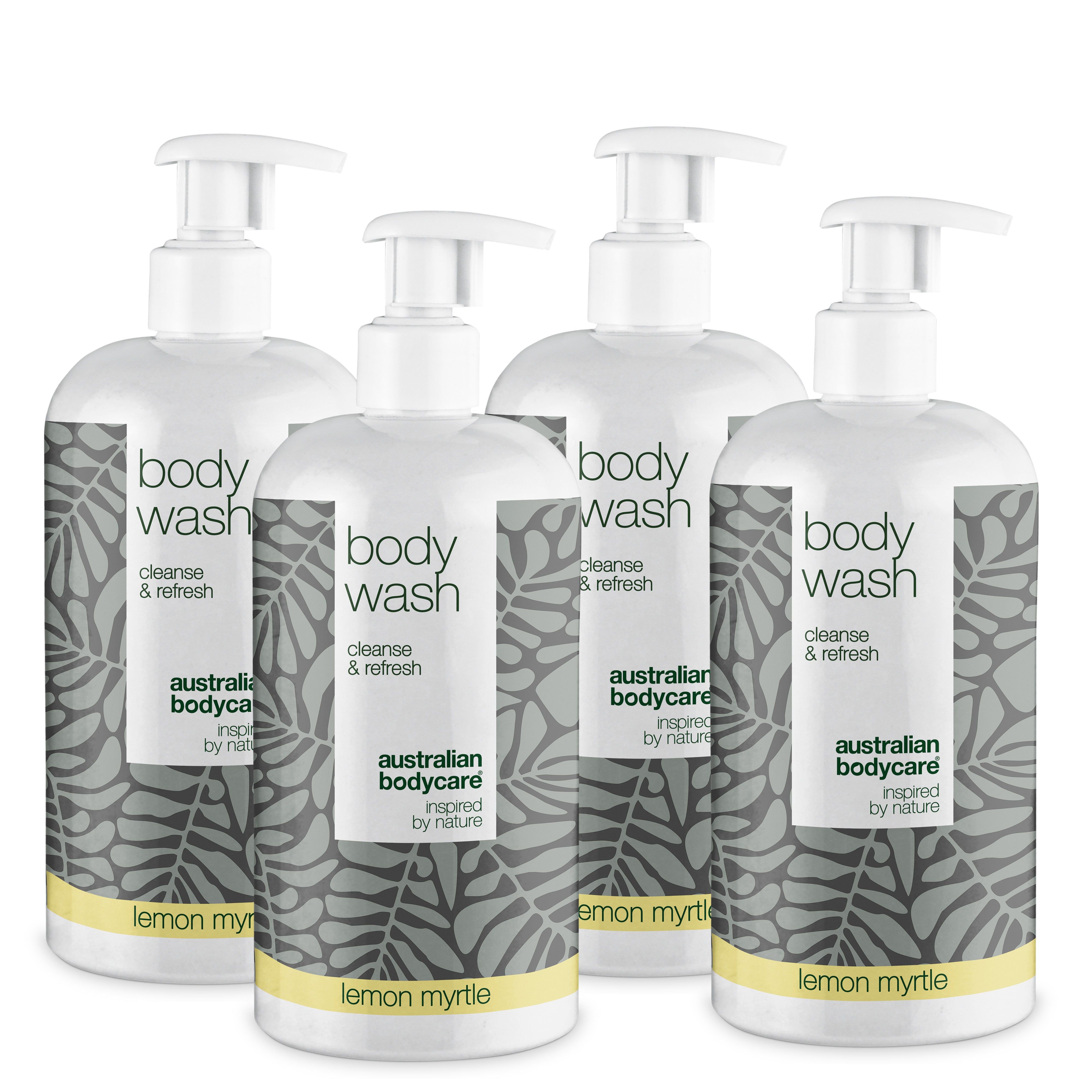 Vier flessen body wash met pomp. Opschrift: Body Wash, cleanse & refresh, lemon myrtle.