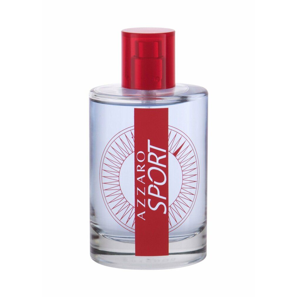 Klarer Glasflakon mit rotem Verschluss und roter Banderole mit "AZZARO SPORT"-Schriftzug. Auf dem Flakon ist ein Kompass-Design zu sehen.