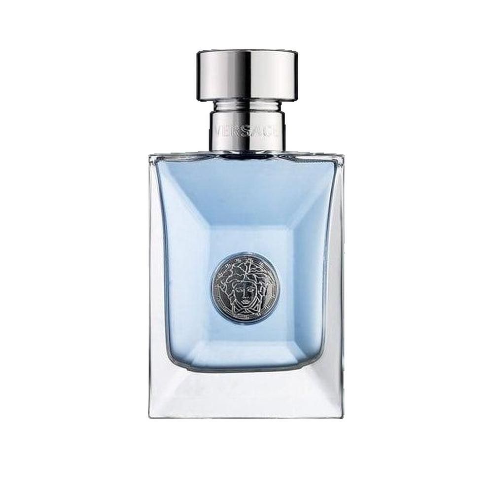 Rechteckiger Glasflakon mit hellblauer Flüssigkeit. Silberner Verschluss. Vorne ein rundes Medusa-Emblem. Marke Versace.