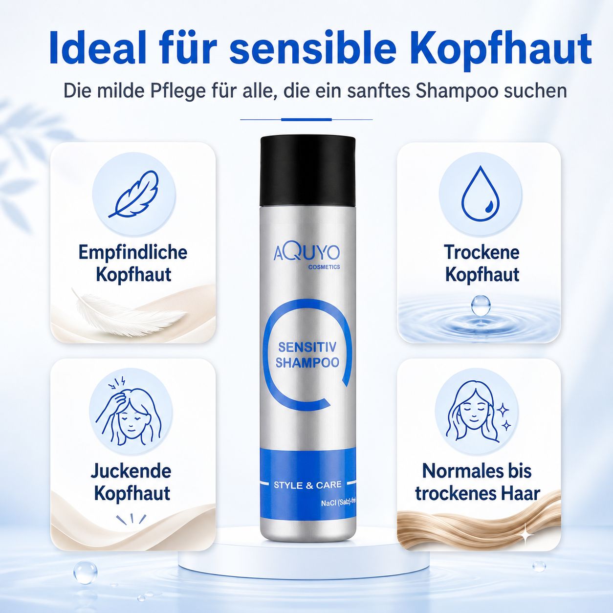 Flasche Sensitiv Shampoo umgeben von Icons: Empfindliche Kopfhaut, Juckende Kopfhaut, Trockene Kopfhaut, Normales bis trockenes Haar.