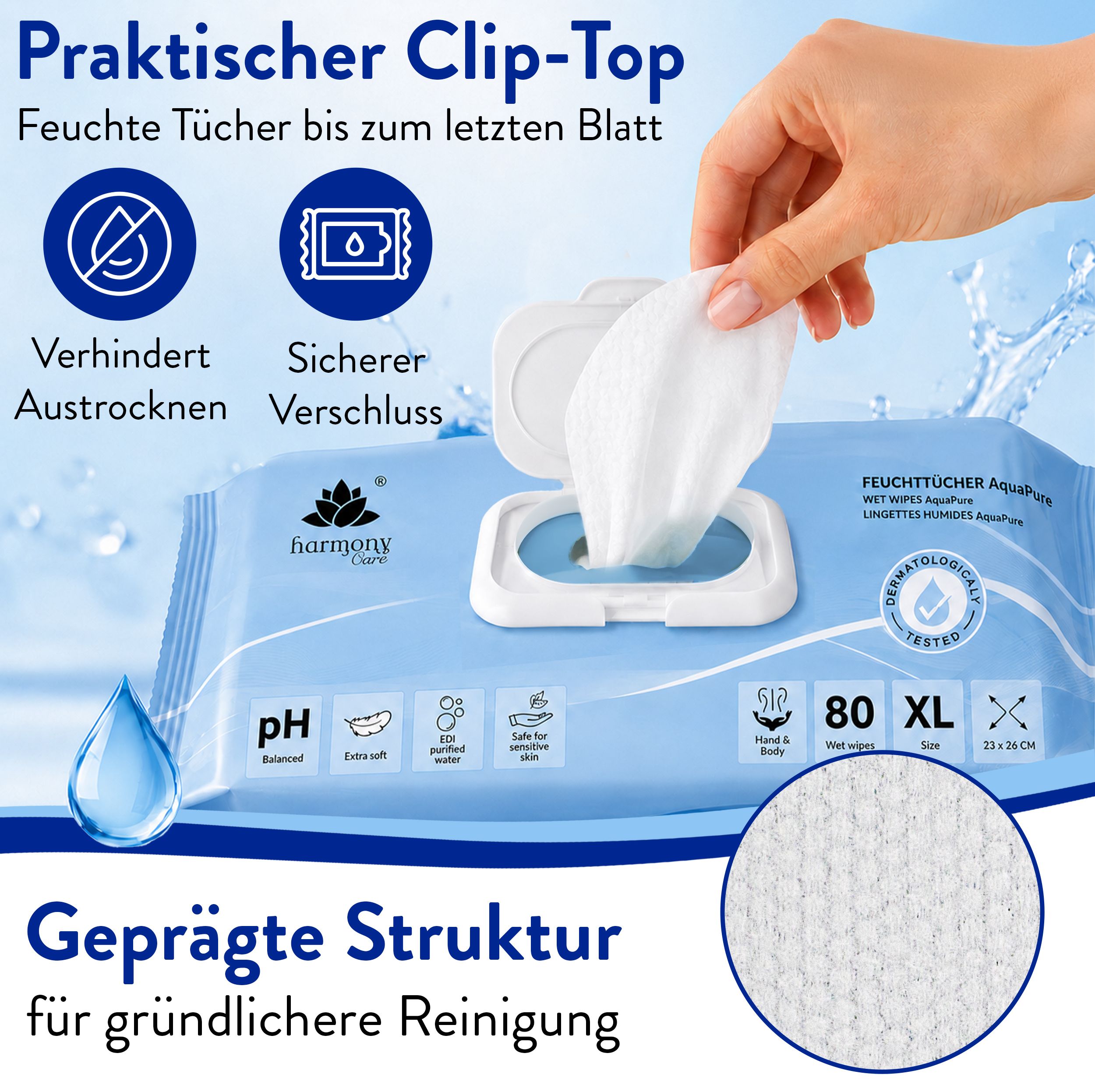Eine Hand öffnet eine Packung Harmony Care® Feuchttücher mit Clip-Top-Verschluss.