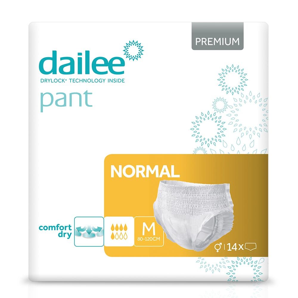 Verpackung Dailee Pants Normal, Größe M, 14 Stück. Produktabbildung mit Produktnamen, Saugfähigkeit und Größenangabe.