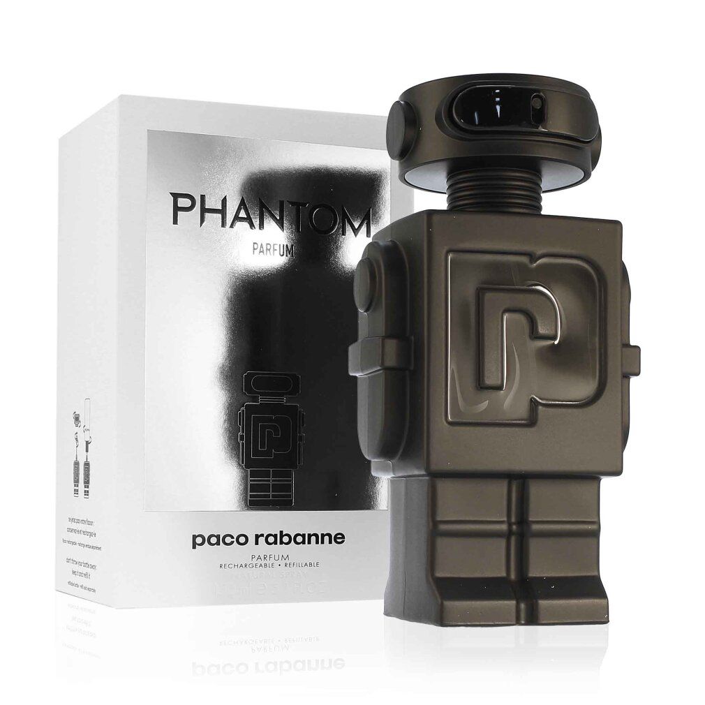 Graue Roboter-Parfümflasche neben weißer Verpackung. Verpackung mit PHANTOM, Roboter-Abbildung und paco rabanne.