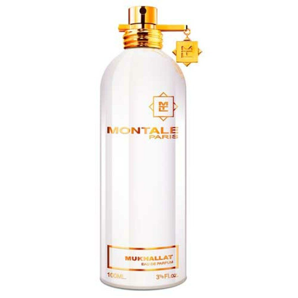 Weiße Parfumflasche mit goldenen Akzenten. Aufschrift: Montale Paris, Mukhallat Eau de Parfum.