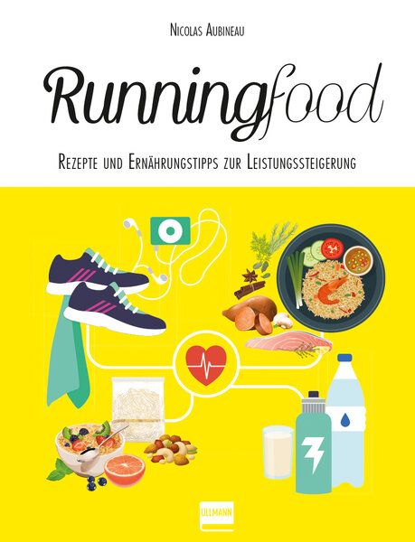 Buchcover mit Titel Runningfood. Illustrationen von Essen, Sportartikeln und Getränken auf gelbem Hintergrund.