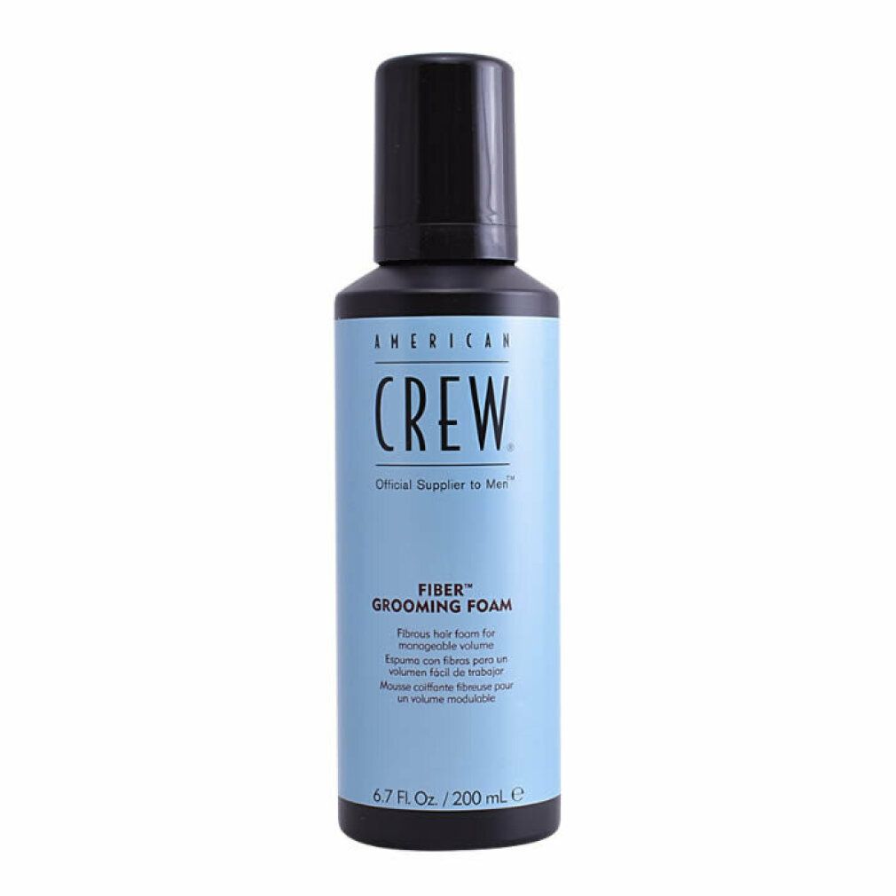 Flasche American Crew Fiber Grooming Foam. Schwarzer Deckel, hellblaue Etikett mit Text. 6.7 Fl. Oz / 200 mL.