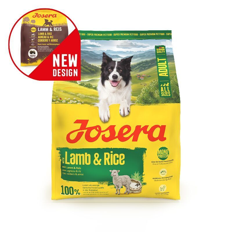 Josera Lamm & Reis Hundefutter-Sack im neuen Design mit einem Border Collie. Enthält eine Nahaufnahme der Verpackung.