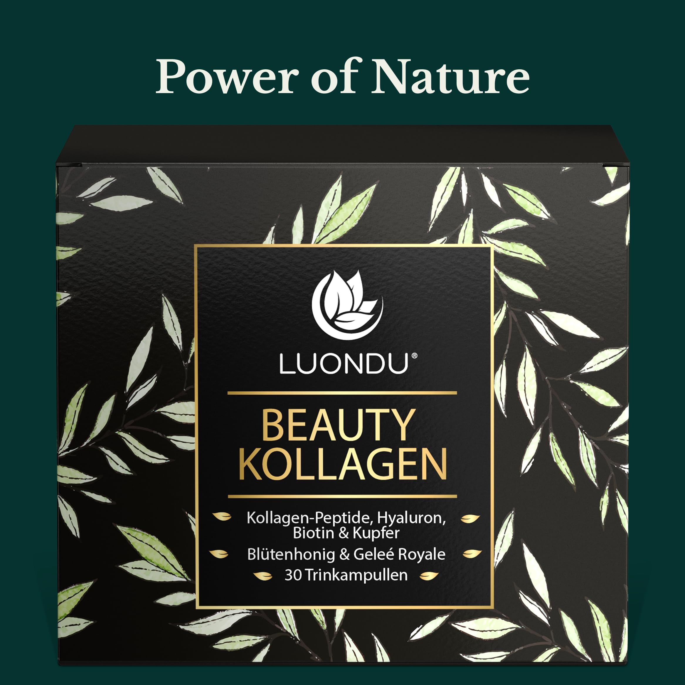 Schachtel Luondu Beauty Kollagen. Text: Power of Nature. Enthält 30 Trinkampullen.