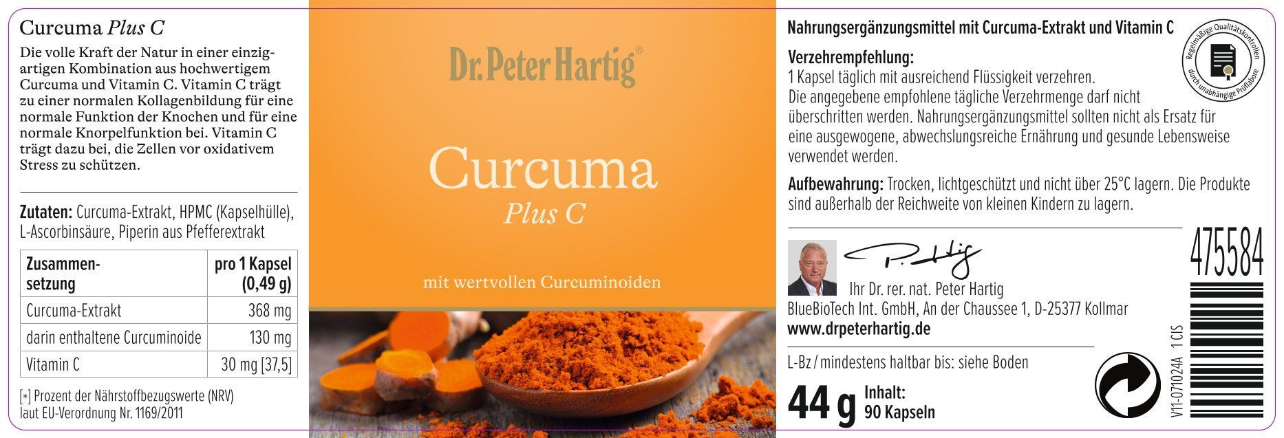 Etikett der Flasche "Curcuma Plus C". Enthält Informationen zu Inhaltsstoffen, Dosierung und Hersteller. Logo Dr. Peter Hartig.