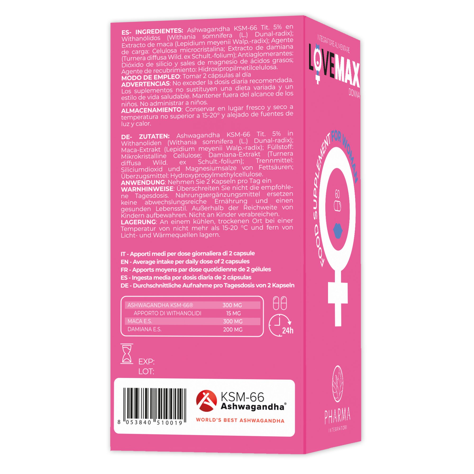 Rosa Schachtel mit Text und Grafik. Enthält Informationen zu Inhaltsstoffen und Dosierung. KSM-66 Ashwagandha Logo.