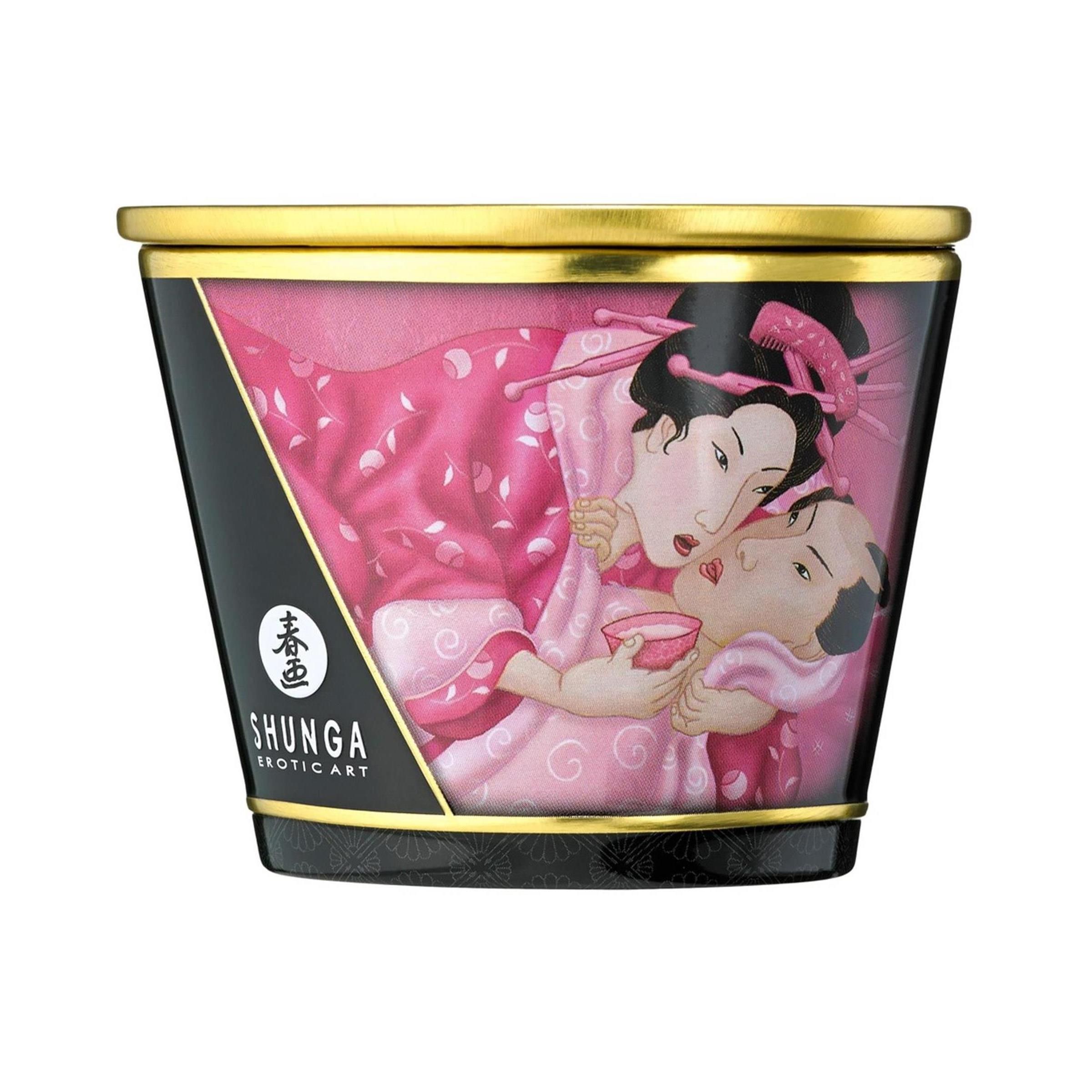 Behälter mit Illustration. Rosa und schwarze Farben. Goldener Rand. Text: Shunga, Erotic Art.