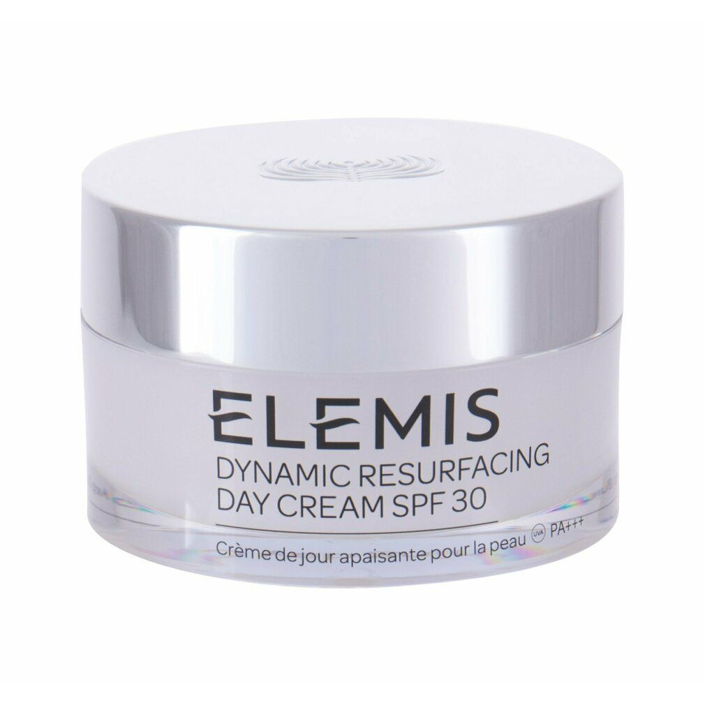 Cremebehälter mit Deckel. Aufschrift: Elemis Dynamic Resurfacing Day Cream SPF 30. Französische Aufschrift: Crème de jour apaisante pour la peau.