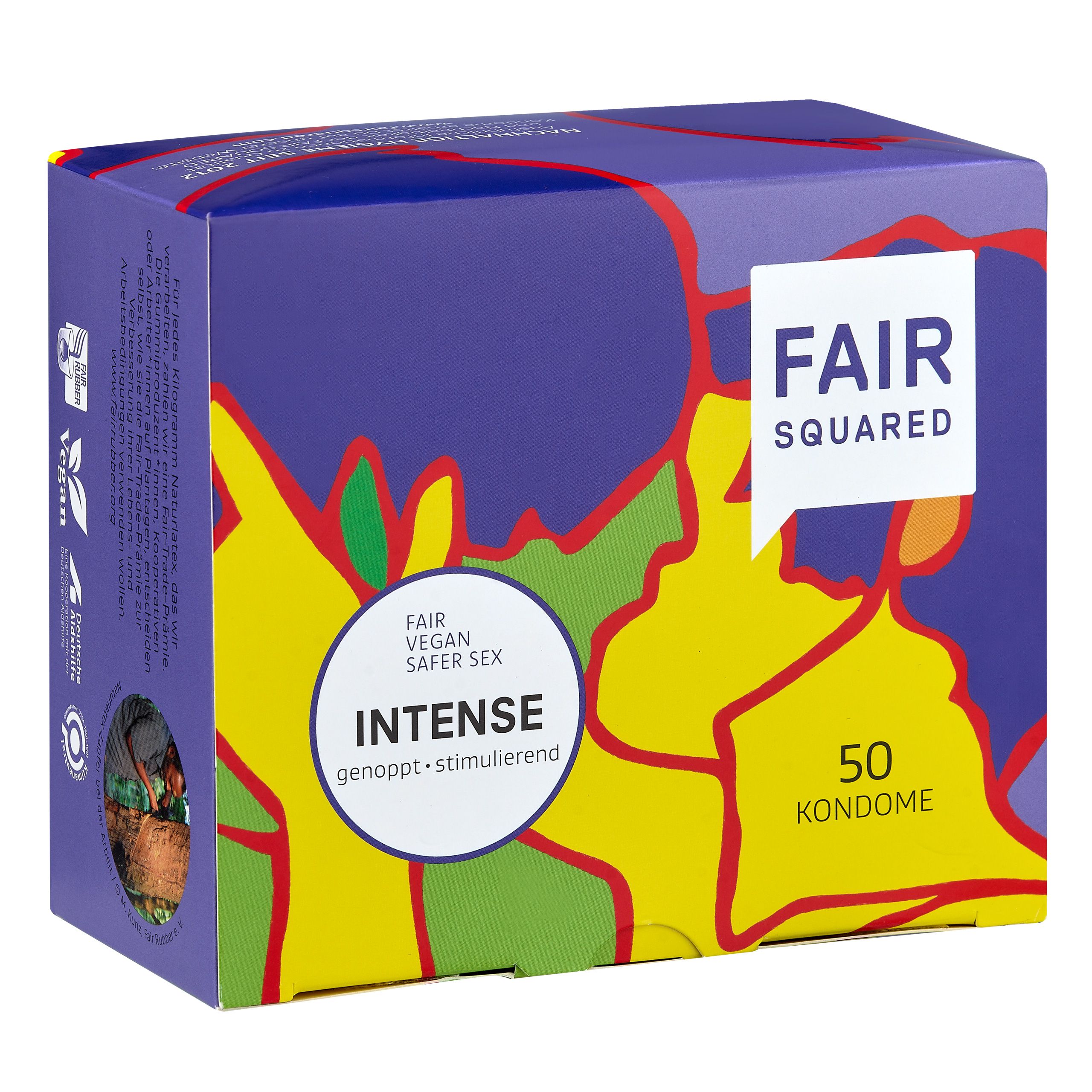 Boîte de préservatifs Fair Squared *Intense*. Inscription : FAIR SQUARED, INTENSE, 50 préservatifs. Label végan.