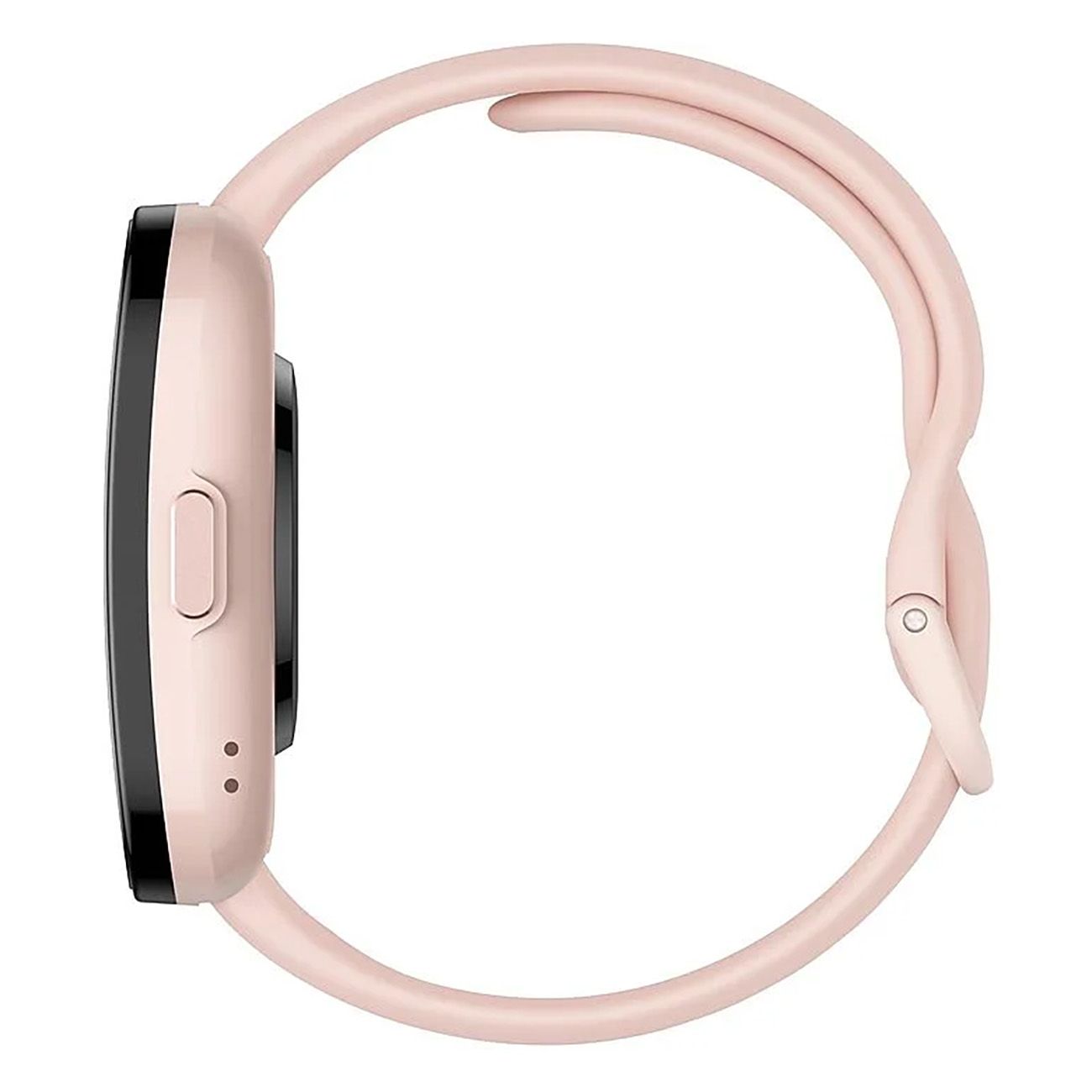 Amazfit Bip 5-rosa Smartwatch. Rosa Gehäuse, schwarzes Display. Seitliche Taste. Rosa Armband.