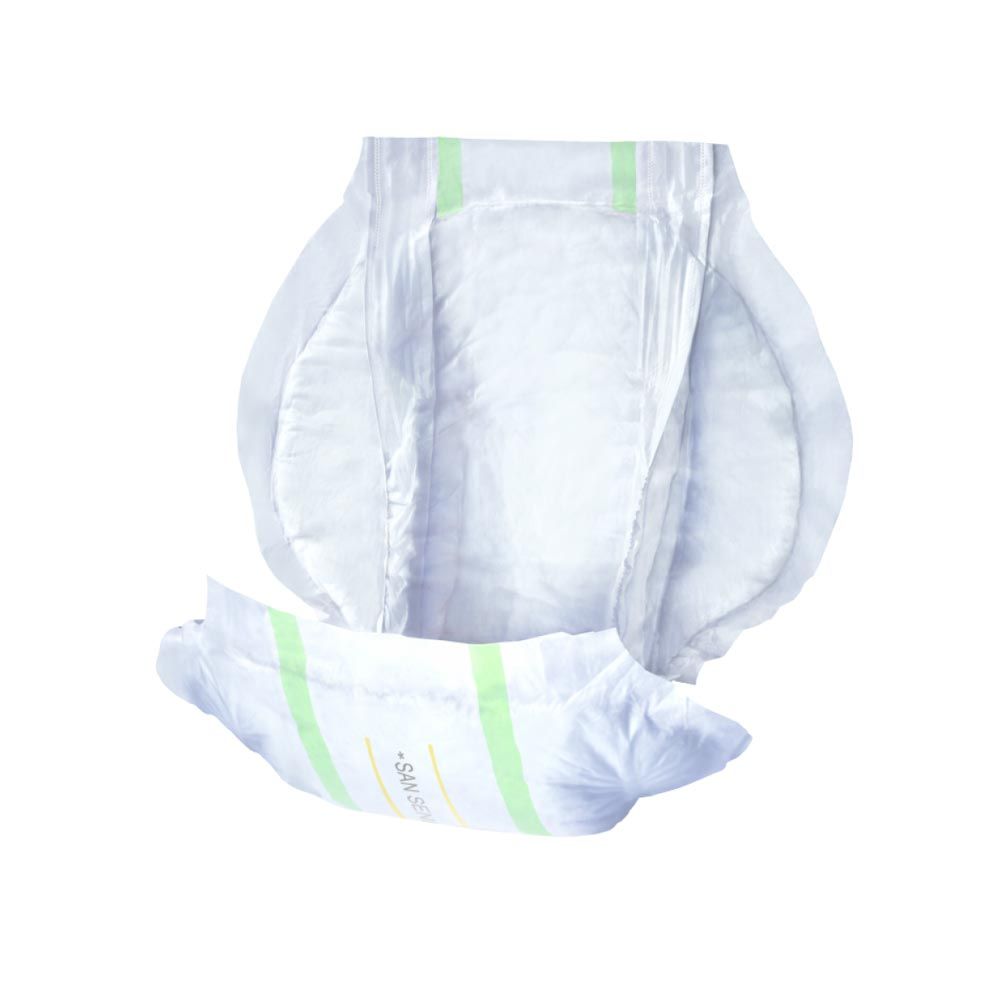 Inkontinenzvorlage. Weiß, rechteckig mit abgerundeten Ecken. Grüne Streifen. Produktname "Seni San" sichtbar.