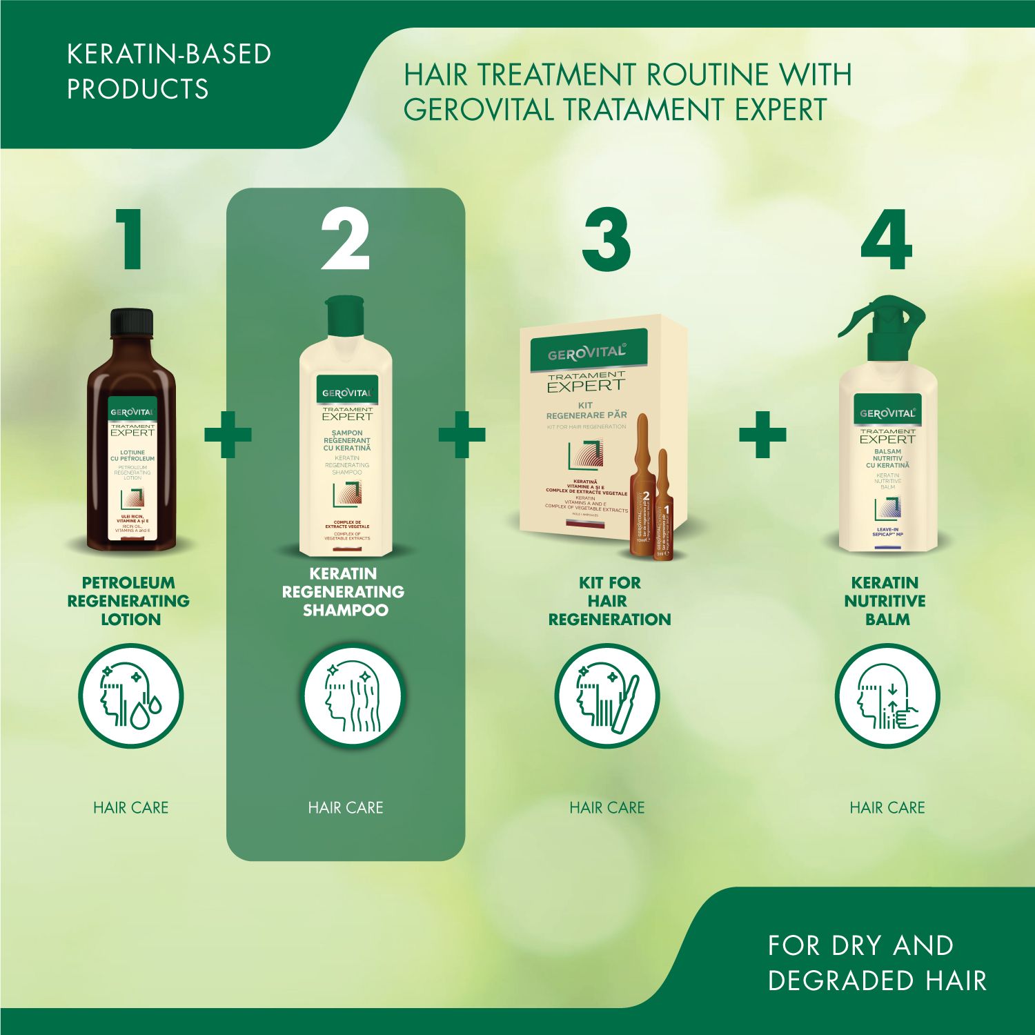 Verschiedene Haarprodukte. Shampoo-Flasche mit grüner Kappe. Aufschrift: Gerovital, Tratament Expert, Sampon Regenerant cu Keratină.