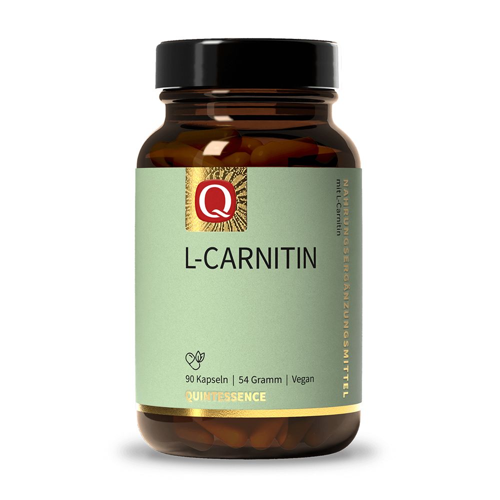 Braune Glasflasche mit schwarzen Deckel. Etikett mit "L-Carnitin" und "Quintessence". 90 Kapseln, vegan.