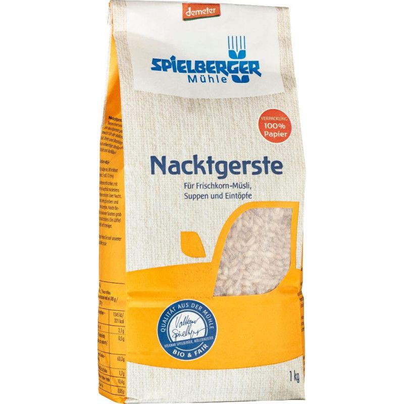Verpackung von Spielberger Nacktgerste. Aufschrift: Nacktgerste, 100% Papier, Bio & Fair. Enthält 1 kg.