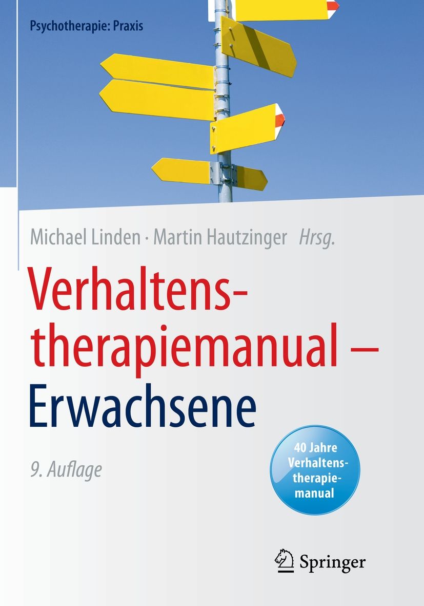 Buchcover: Verhaltenstherapiemanual für Erwachsene. Titel in Rot. Autoren: Linden, Hautzinger. Verlag Springer. Blaue Auszeichnung: 40 Jahre Verhaltenstherapie.