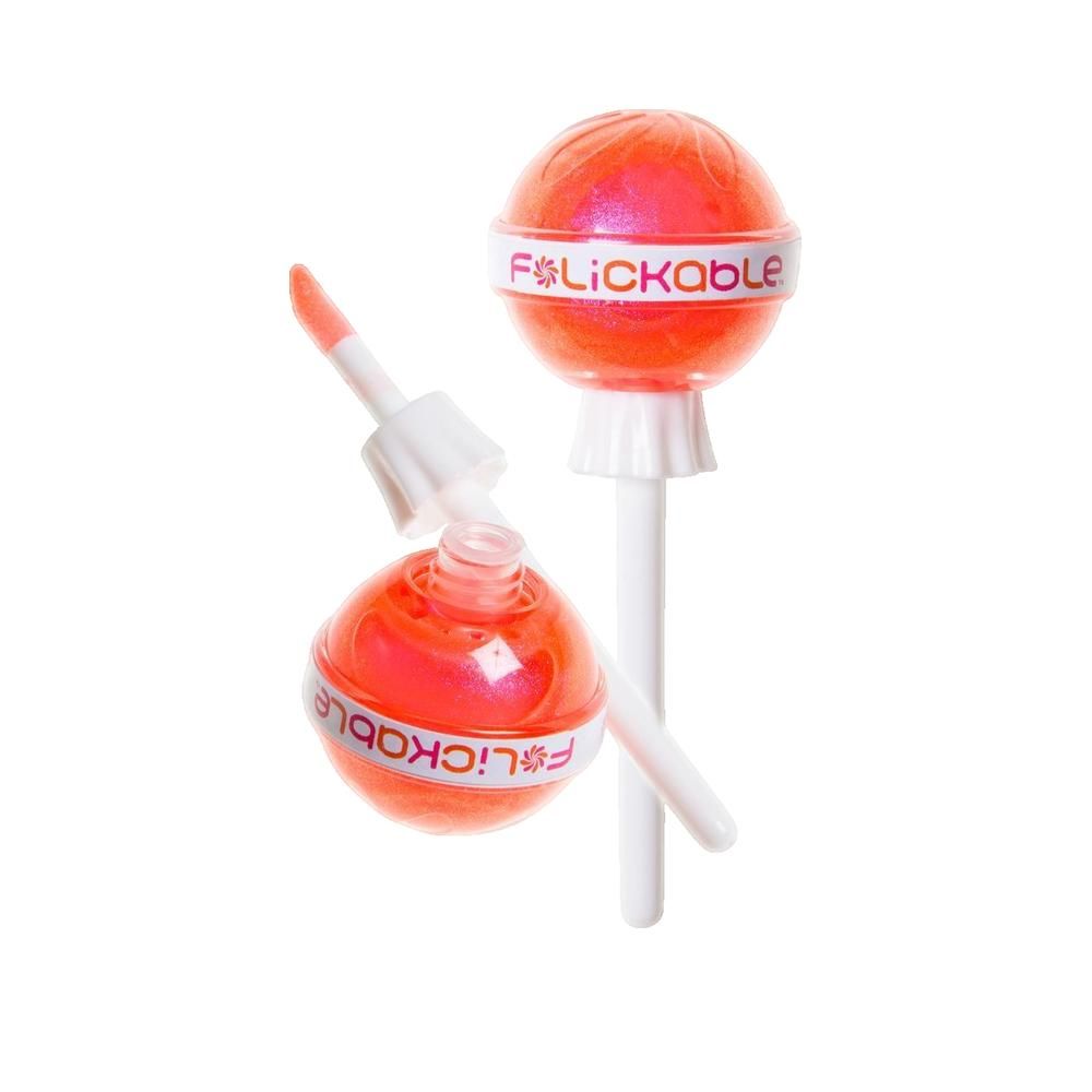 Zwei Lipgloss-Lollies. Kugelförmige Behälter mit Stiel. Aufschrift: F*LICKable. Farbton: Orange.