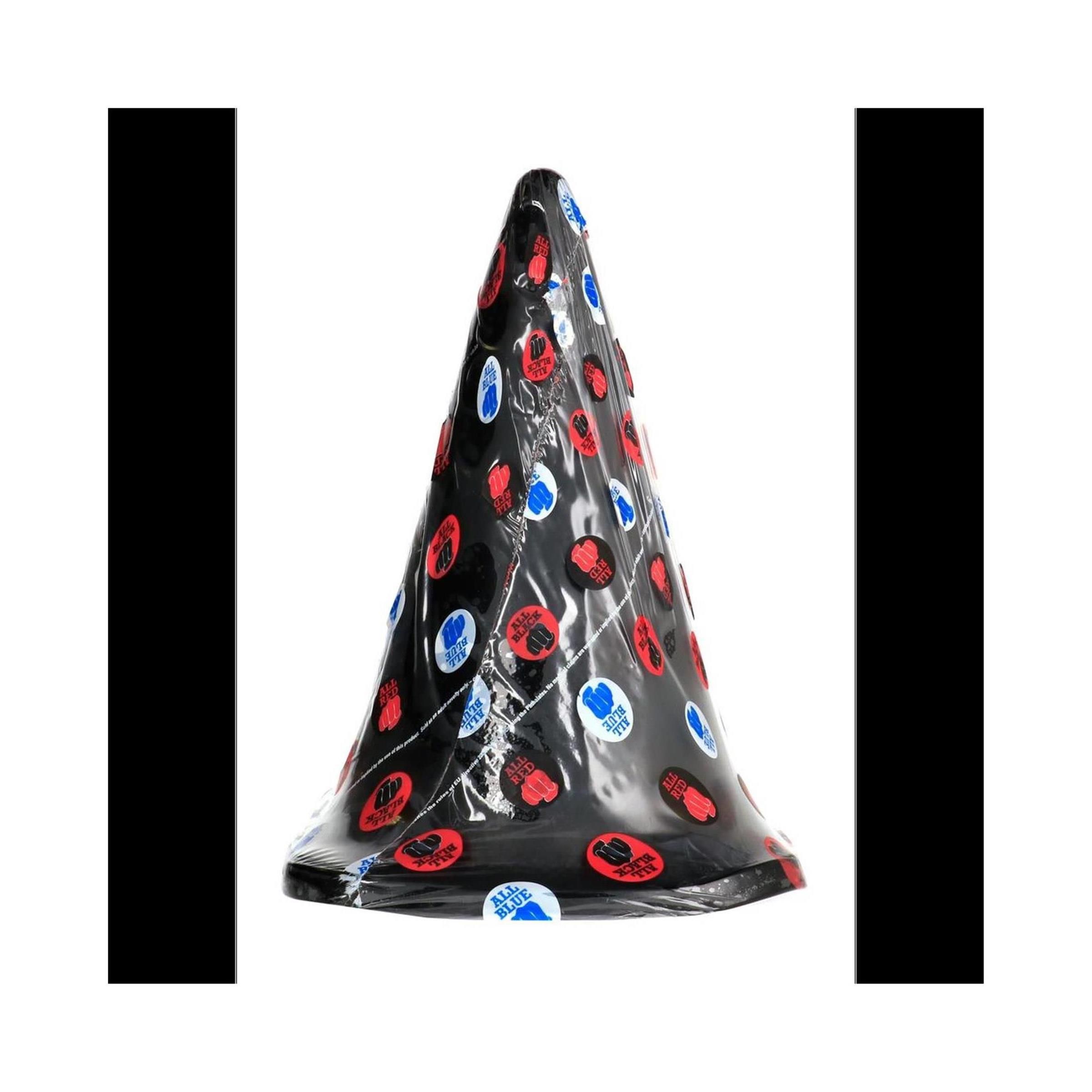 Kegelförmiges Objekt, schwarz mit farbigen Punkten, in transparenter Folie verpackt.