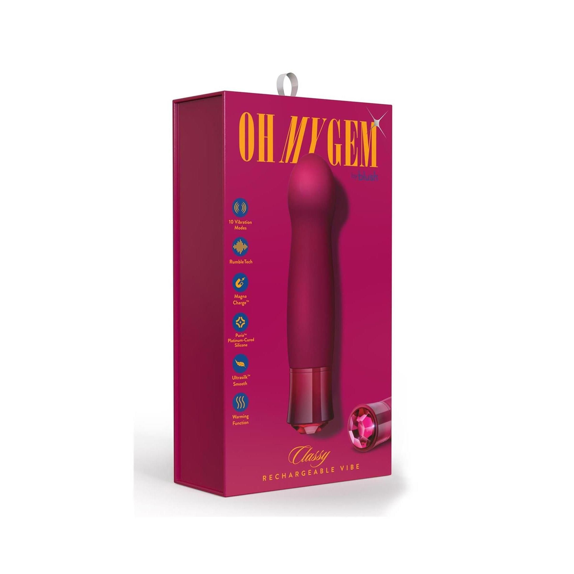 Eine Verpackung mit einem Vibrator. Auf der Verpackung steht 'OH MY GEM' und 'Classy Rechargeable Vibe'.