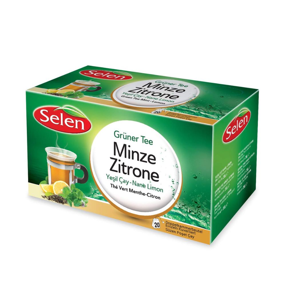 Grüner Tee Minze-Zitrone in einer grünen Schachtel. Aufschrift: Selen, Minze Zitrone, Grüner Tee, Yeşil Çay-Nane Limon, The Vert Menthe-Citron.