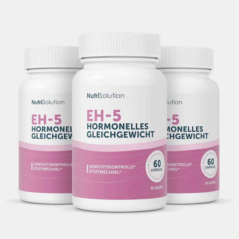 Drei weiße Flaschen mit rosa Etiketten. Aufschrift: EH-5 Hormonelles Gleichgewicht, 60 Kapseln. Marke: NutriSolution.
