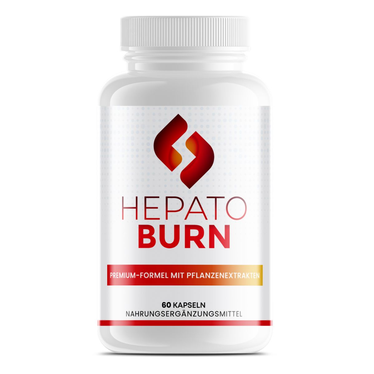 Weiße Flasche mit rotem Etikett. Aufschrift: Hepato Burn, 60 Kapseln. Premium-Formel mit Pflanzenextrakten. Nahrungsergänzungsmittel.