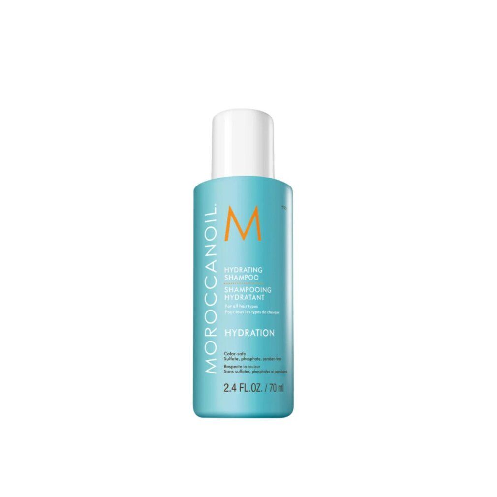 Türkisgrüne Flasche mit weißem Deckel. Aufschrift: Moroccanoil, Hydrating Shampoo, Hydration. 70 ml.