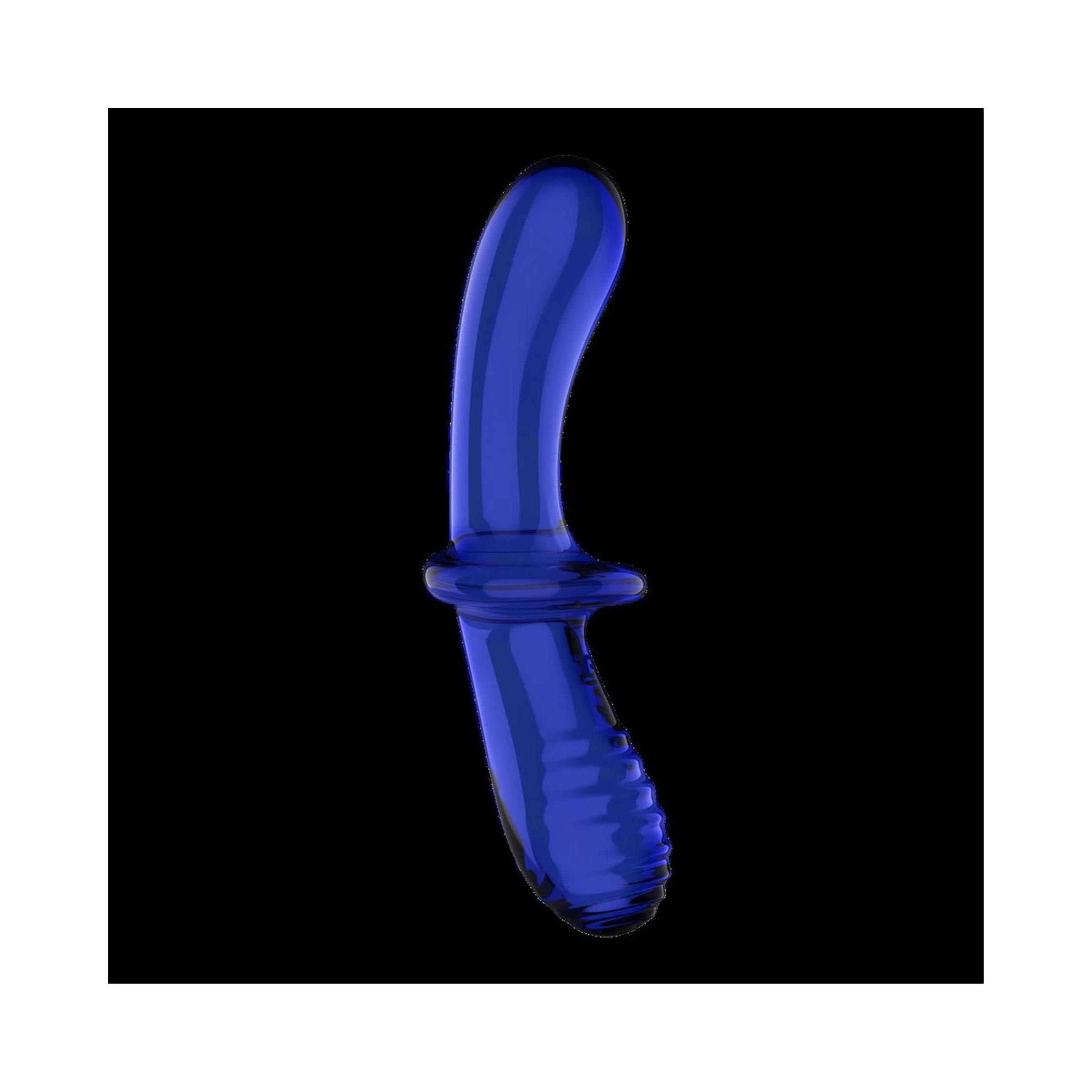Blauer Glasdildo mit gebogener Form, Ring und geriffelter Basis.
