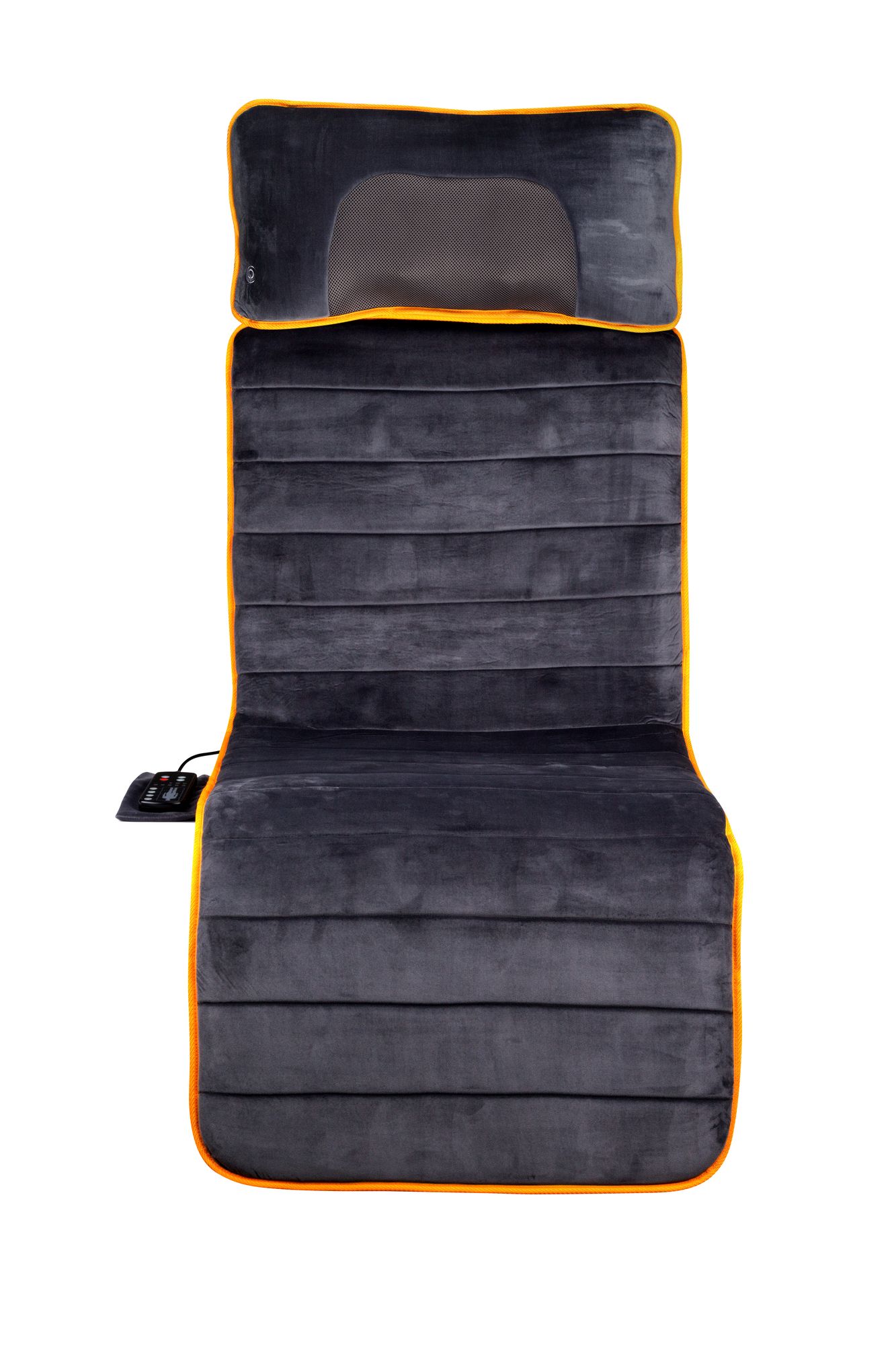 Graue Massagematte mit orangefarbenen Rändern. Integriertes Kopfstützenkissen. Mit Fernbedienung.