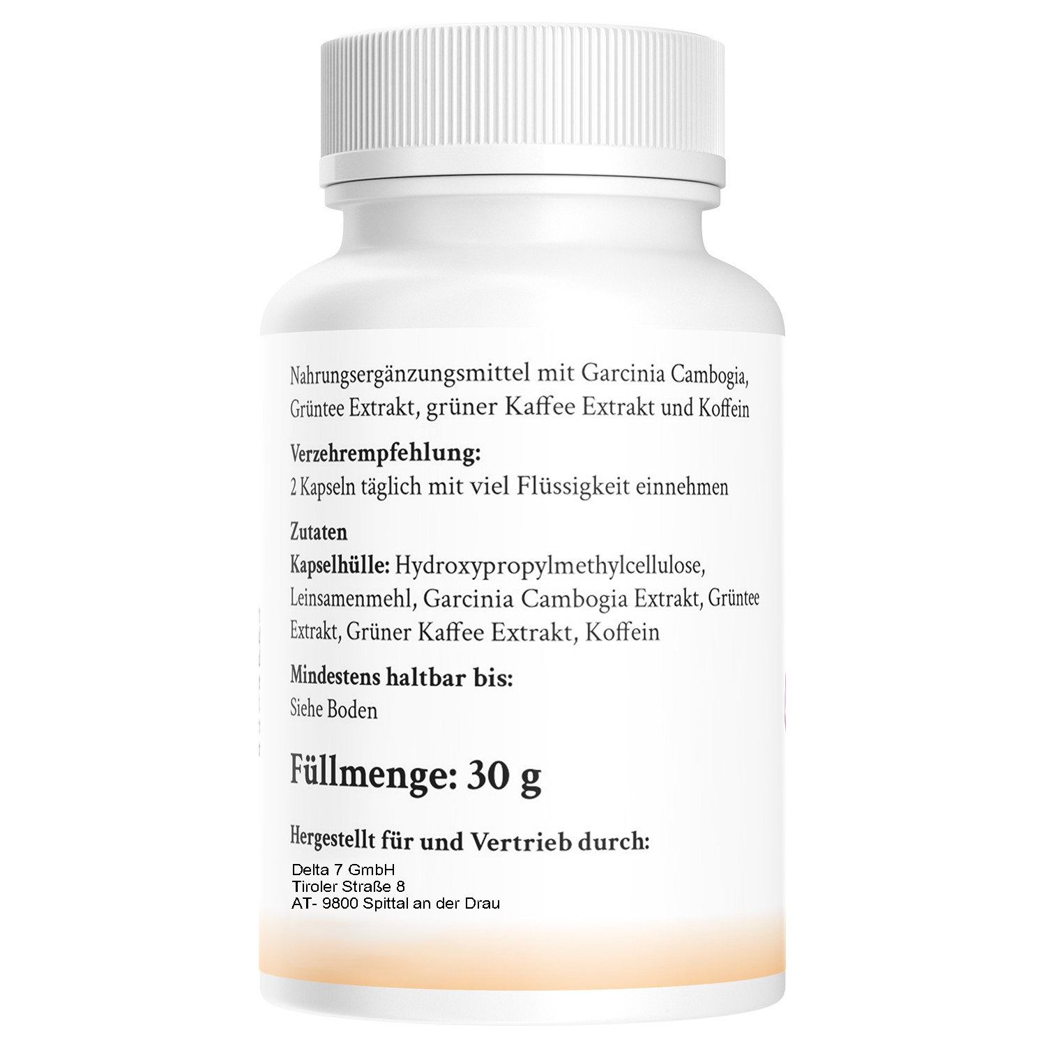 Rückseite einer weißen Flasche mit Kapseln. Enthält Informationen zu Inhaltsstoffen, Verzehrempfehlung und Hersteller.