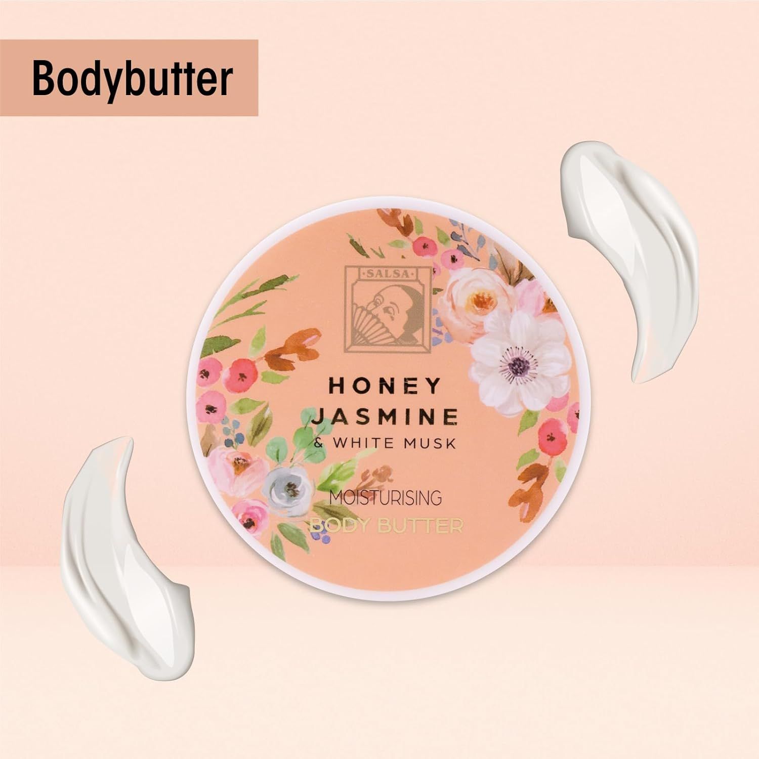 Runde Dose Körperbutter. Florales Design. Text: Honey Jasmine & White Musk, feuchtigkeitsspendend. Zwei Cremestriche daneben.