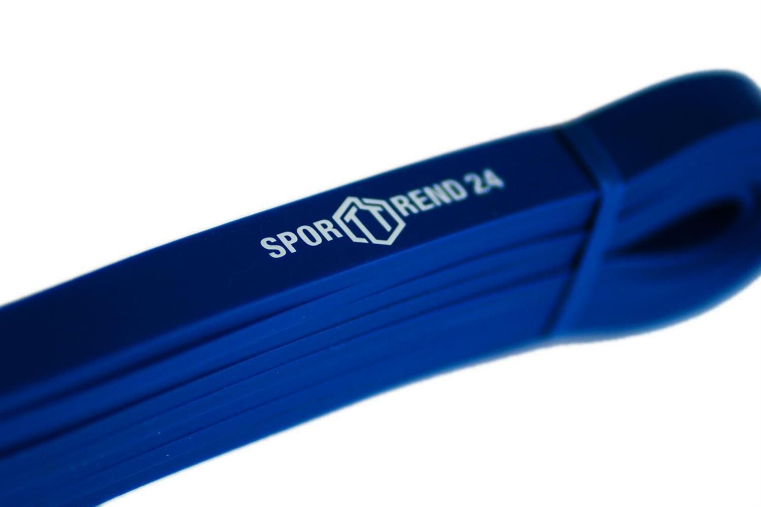 Nahaufnahme eines blauen Fitnessbands mit Sporttrend 24 Logo.