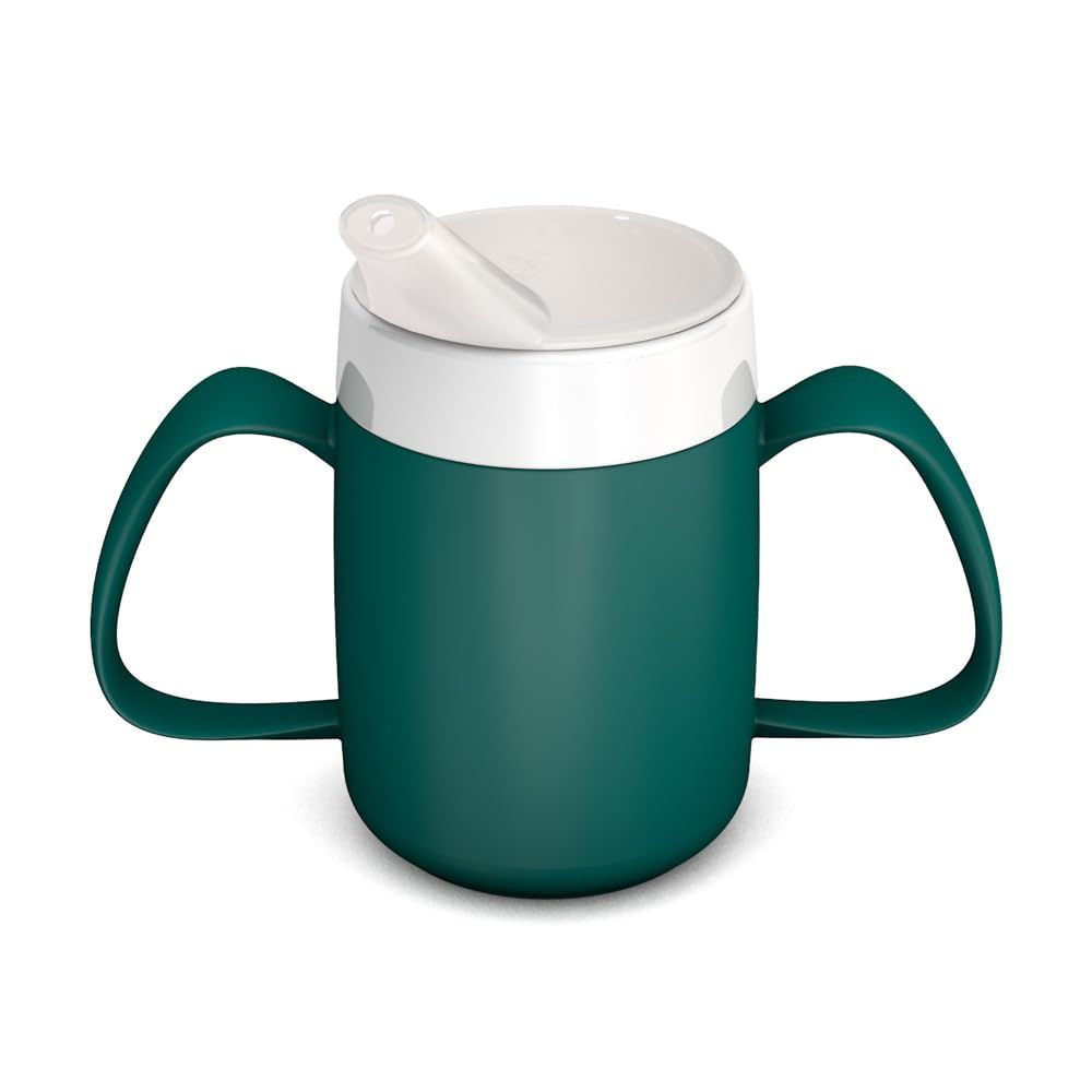 Dunkelgrüner Becher mit zwei Henkeln und weißem Schnabelaufsatz.