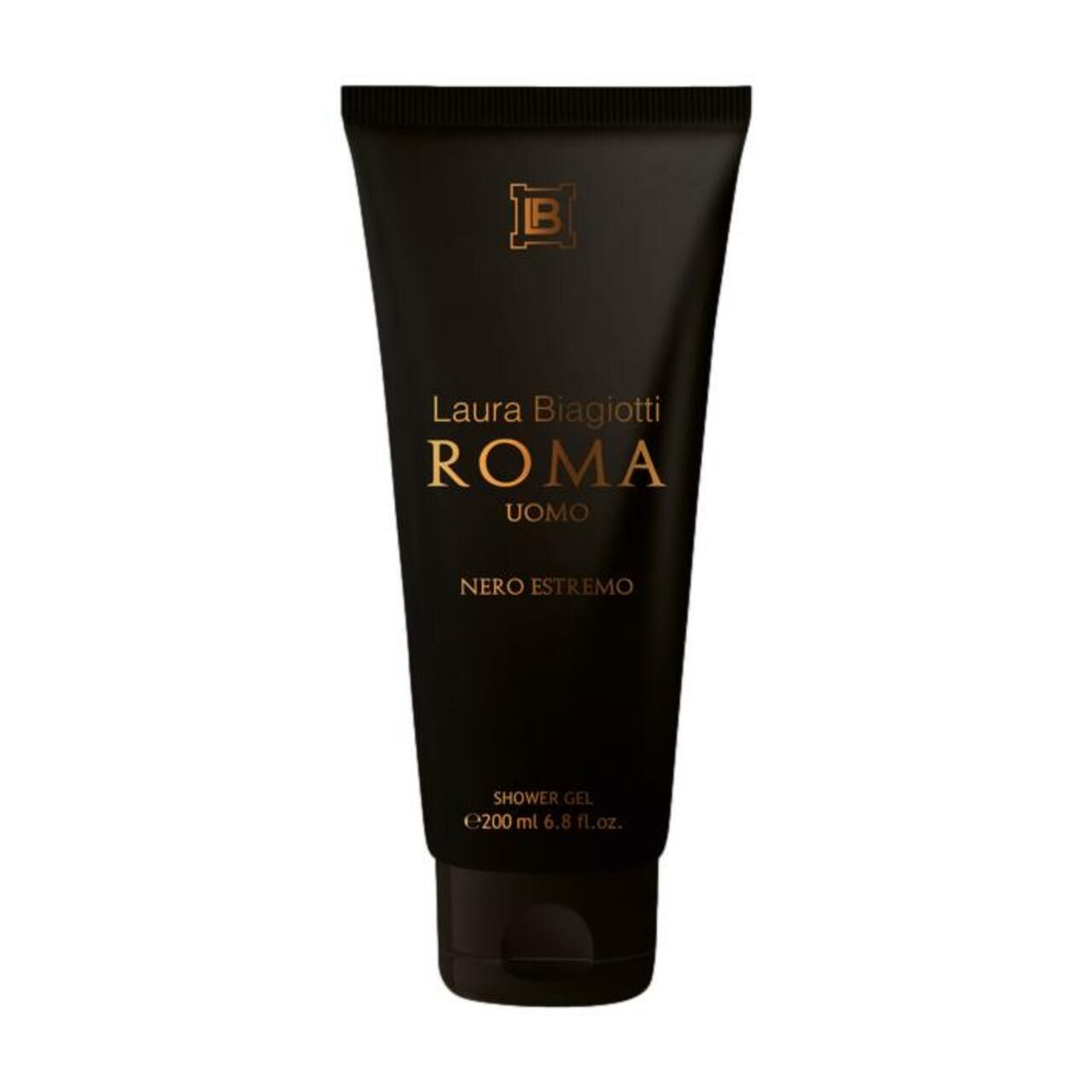 Schwarze Tube mit goldfarbenem Schriftzug. Enthält "Laura Biagiotti ROMA UOMO Nero Estremo Shower Gel".