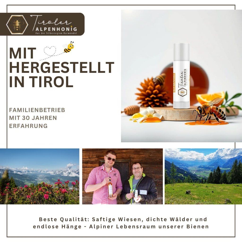 Lippenpflege-Stift mit Berglandschaft, Bienen und Text. Aufschrift: Tiroler Alpenhonig. Text: Mit hergestellt in Tirol. Familienbetrieb mit 30 Jahren Erfahrung.