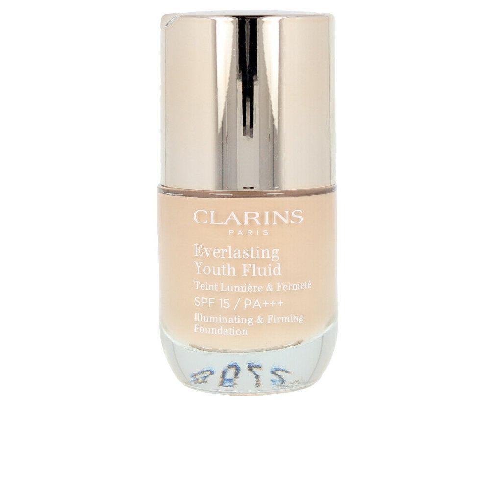 Flüssig-Make-up-Flakon. Silberfarbener Deckel, durchsichtiger Behälter. Aufschrift: Clarins, Everlasting Youth Fluid, SPF 15/PA+++.