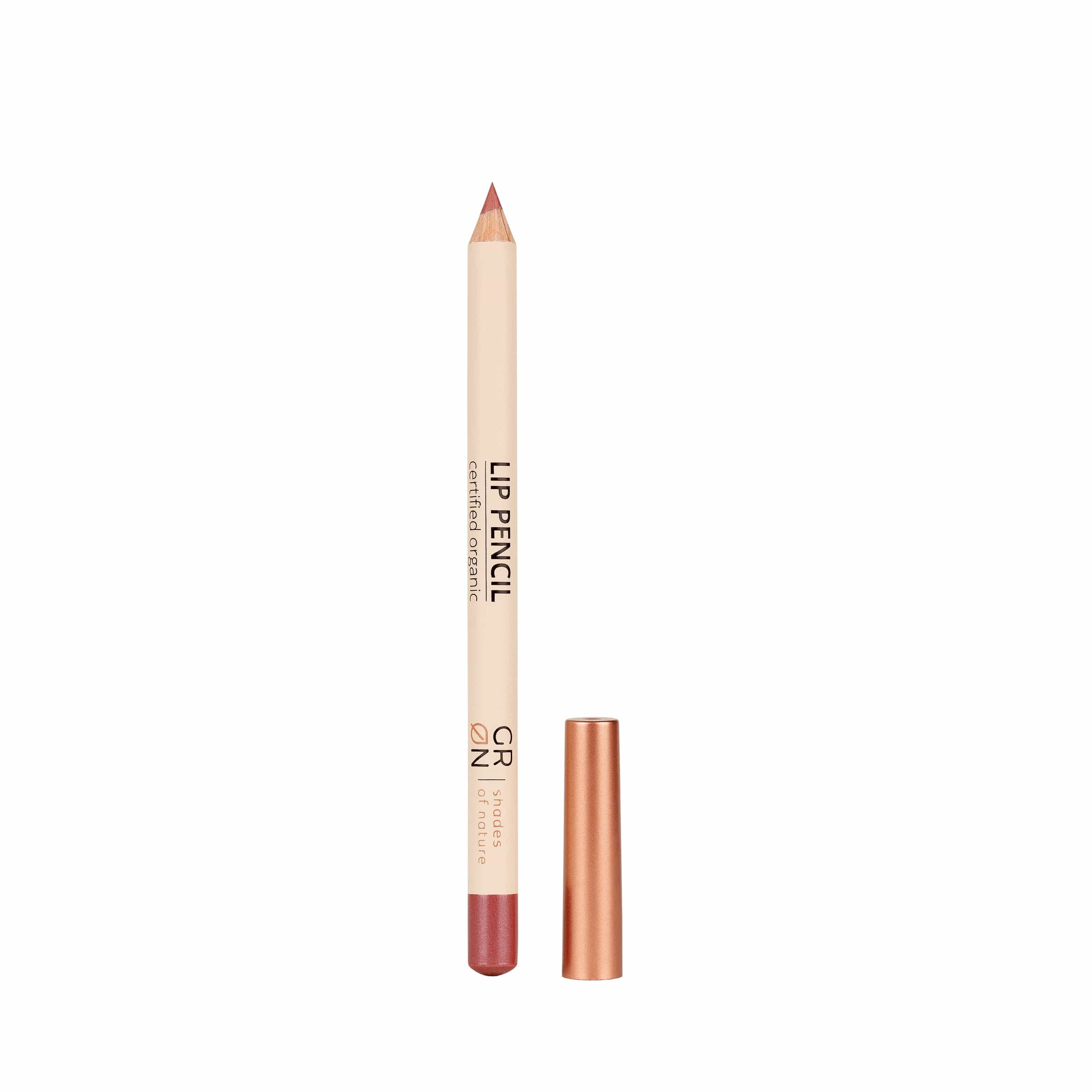 Lippenstiftstift mit rosafarbenem Stift und kupferfarbener Kappe. Aufschrift: LIP PENCIL, GRN [GRÜN].