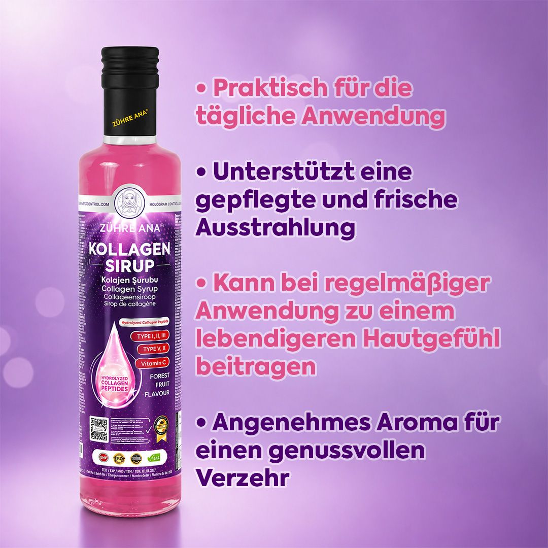 Flasche Zühre Ana Kollagen Sirup mit Vorteilen wie täglicher Anwendung und frischer Ausstrahlung.