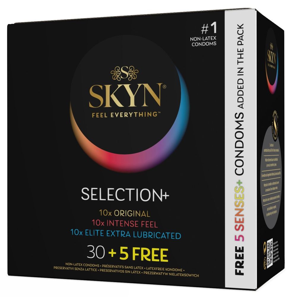 Schwarze Verpackung SKYN Selection+ mit Produktinformationen und Logos. Enthält 35 Kondome.