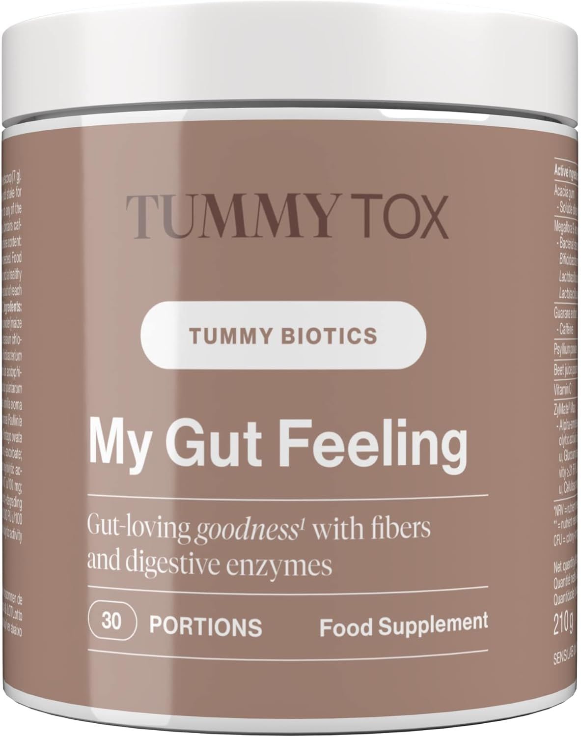 Braune Dose mit weißem Deckel. Aufschrift: Tummy Tox, My Gut Feeling, 30 Portionen. Text: Gut-loving goodness.