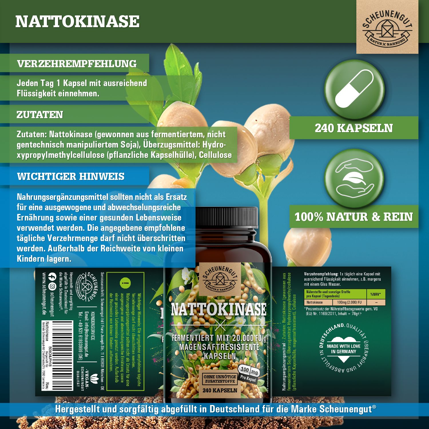 Scheunengut® Nattokinase 20.000 FU/g | pflanzliche Fermentation, 100% rein & vegan