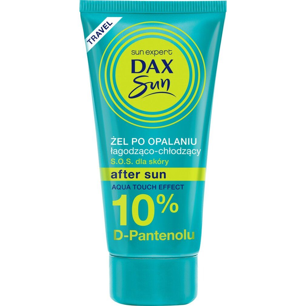 Türkisfarbene Tube mit Produktaufschrift. Dax Sun After Sun Gel, 10% D-Panthenol. Text: Travel, Sun Expert, Aqua Touch Effect.