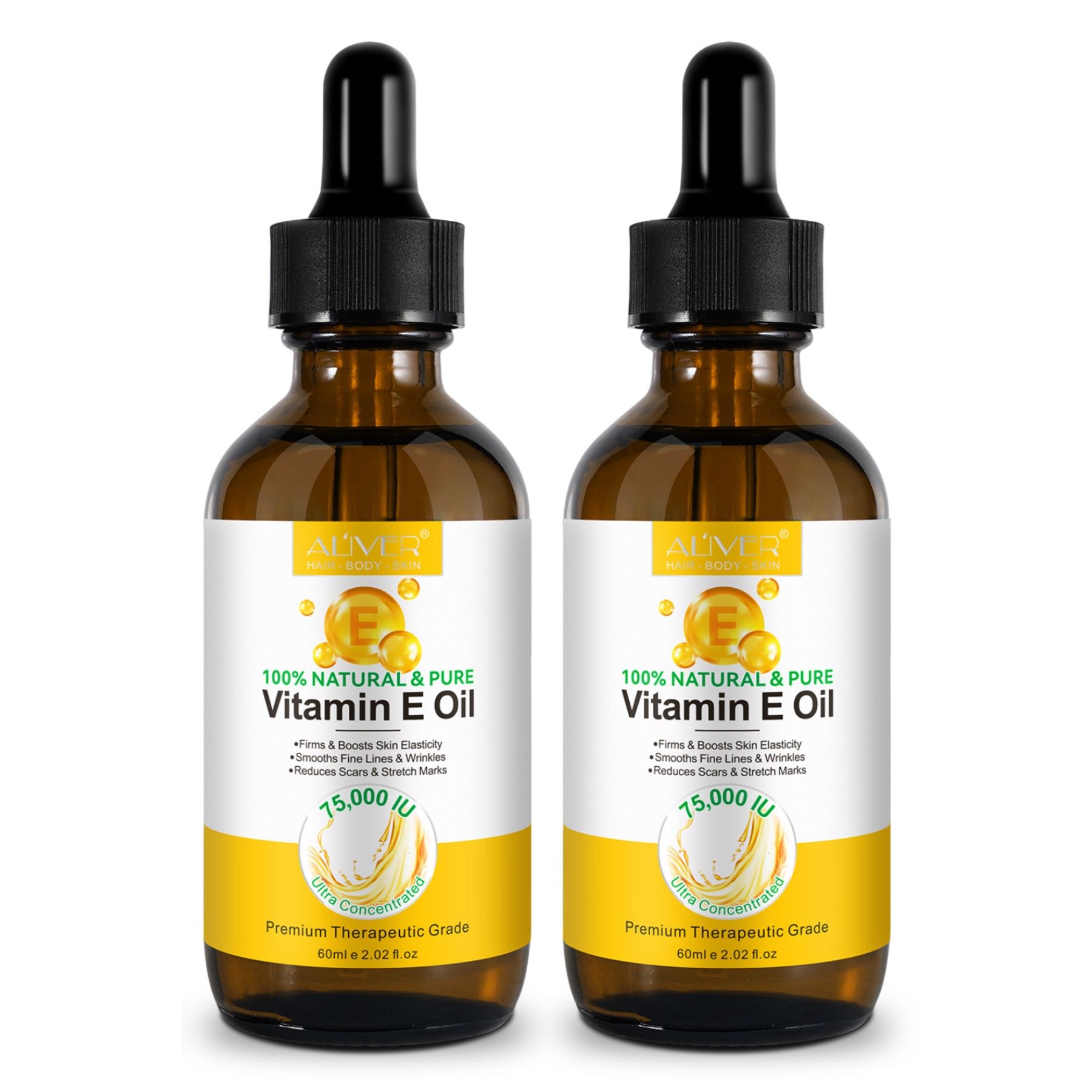 Zwei Flaschen ALIVER Vitamin E Öl mit Pipetten. Aufschrift: 100% Natural & Pure Vitamin E Oil. 75,000 IU.