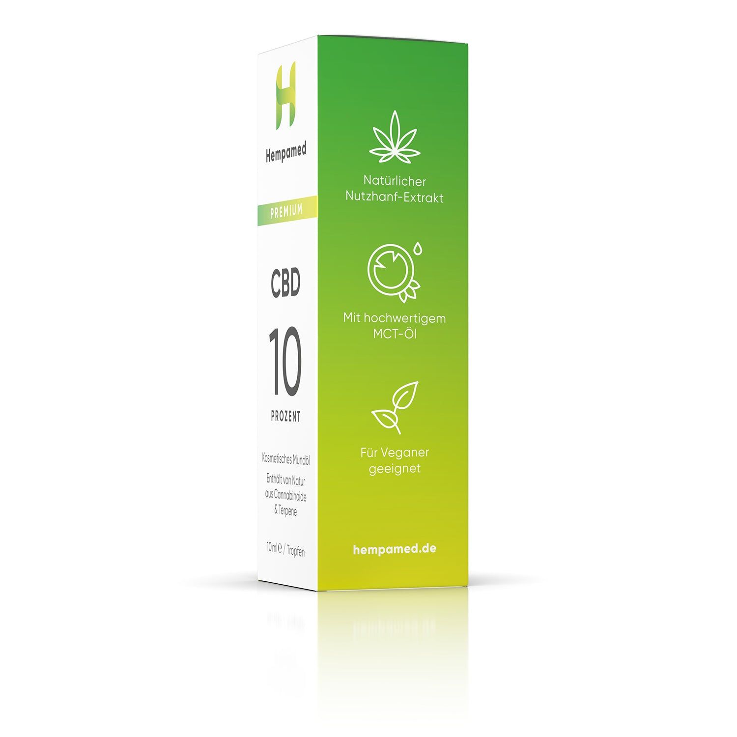 Verpackung mit grünem Farbverlauf. Aufschrift: Hempamed, CBD 10 Prozent. Vegan, MCT-Öl, natürlicher Nutzhanf-Extrakt.