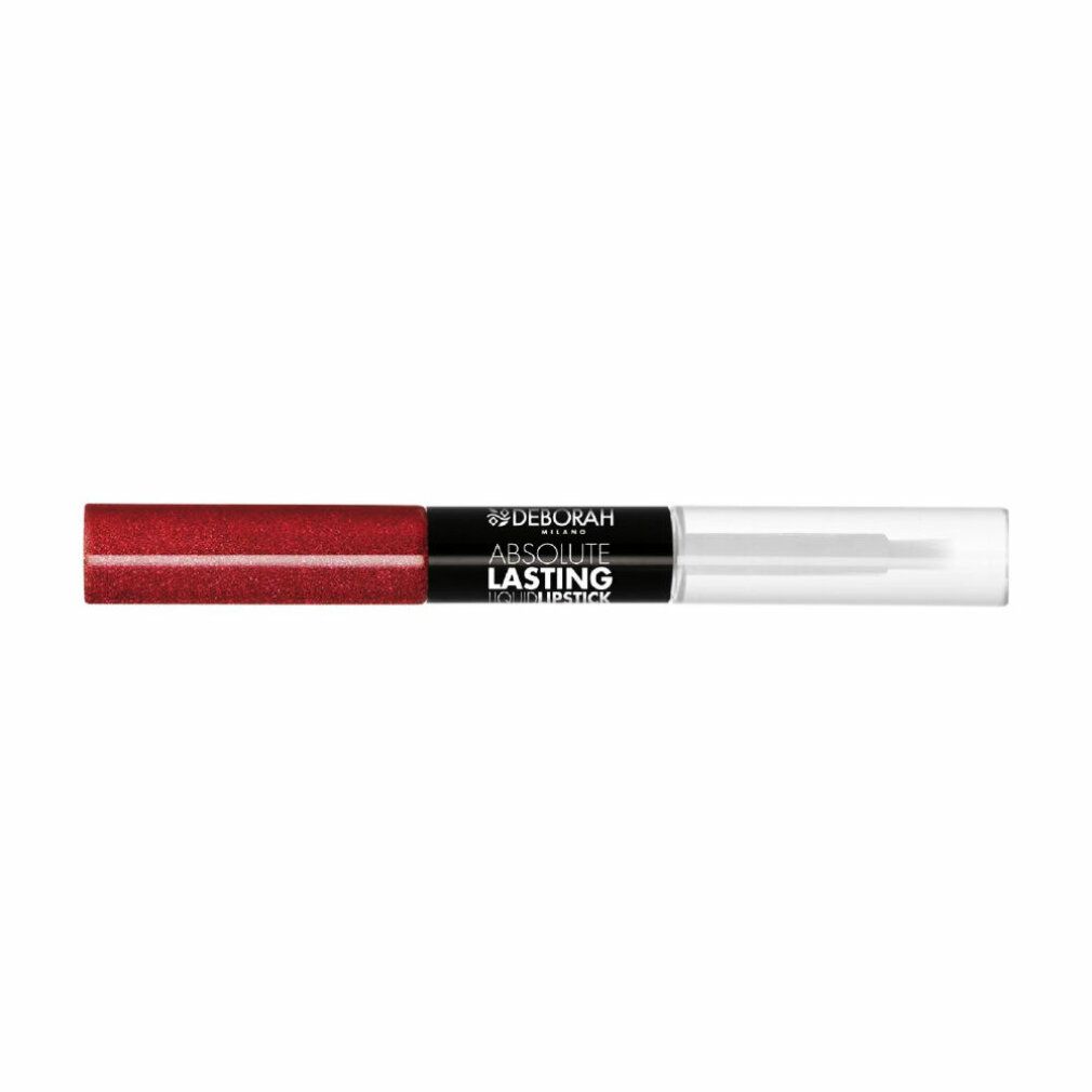Doppel-Lippenstift. Ein Ende rot glänzend, das andere transparent mit Applikator. Schwarzer Mittelteil mit Schriftzug.