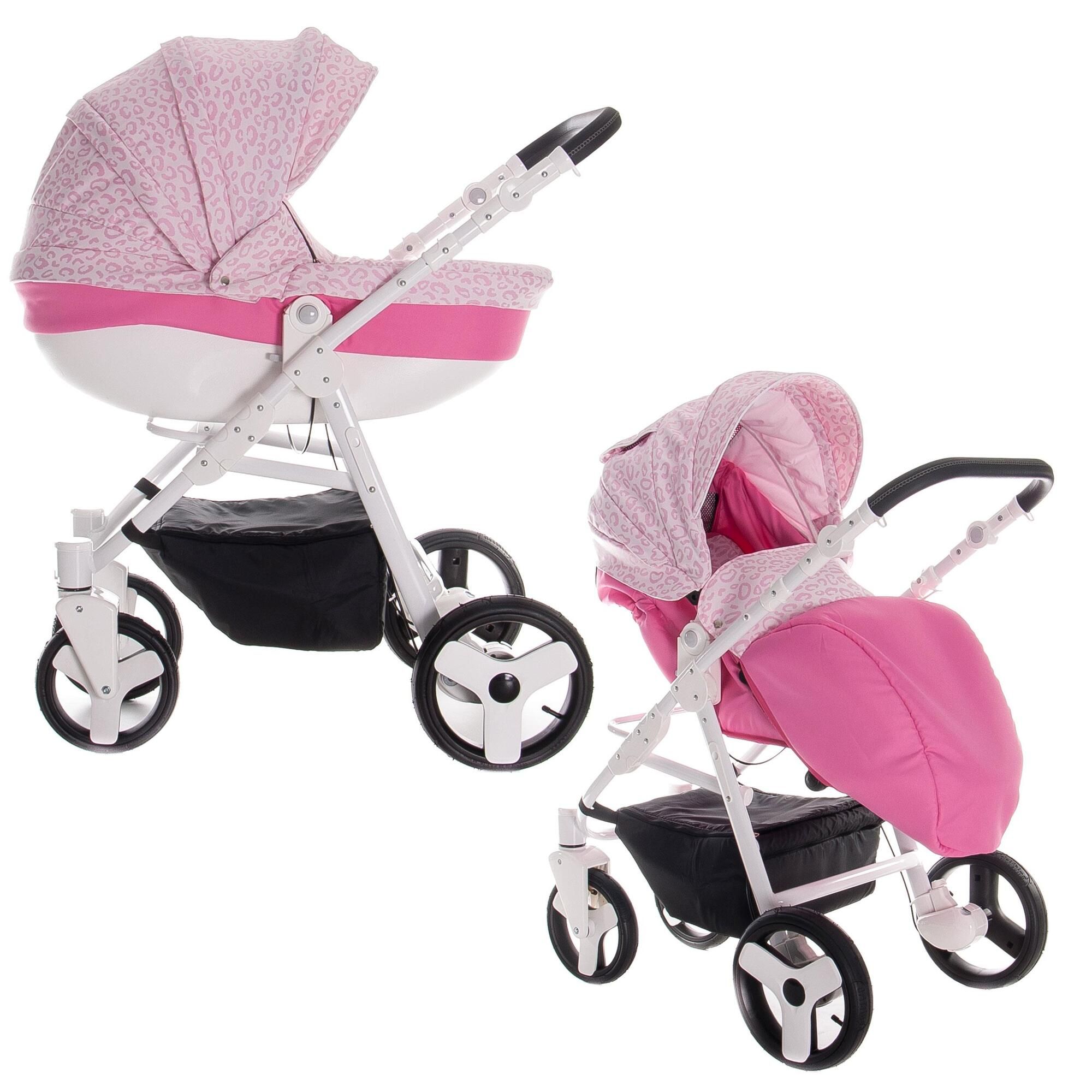 Kinderwagen, rosa und weiß. Mit Leopardenmuster-Verdeck. Schwarzer Korb unterhalb. Vier Räder, weiß. Griff schwarz.