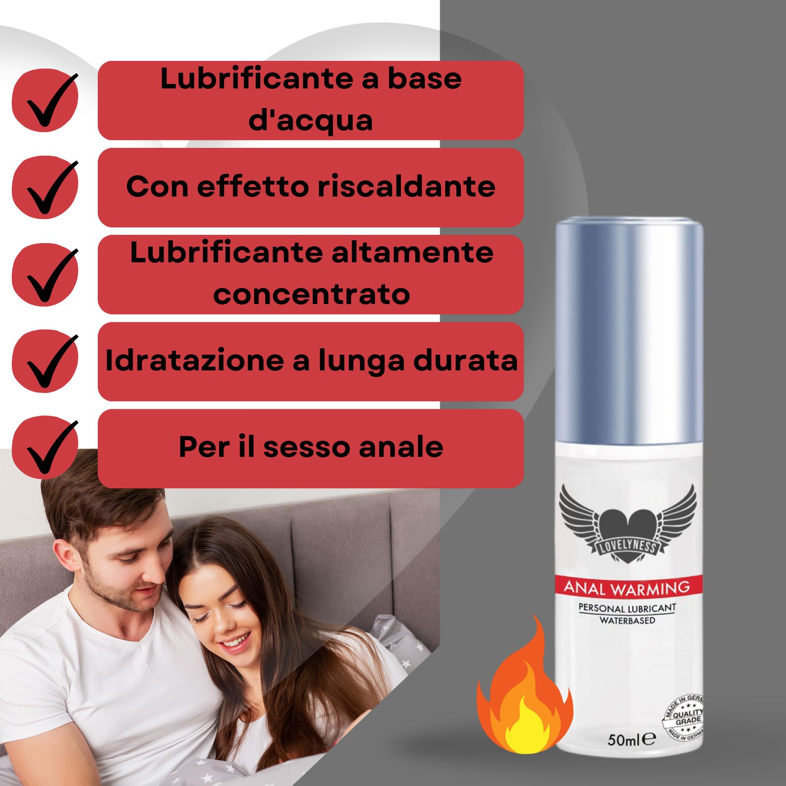 Gleitgel-Flasche mit roter Schrift. Text: Anal Warming, Personal Lubricant, Waterbased. Mit Flammen-Symbol.
